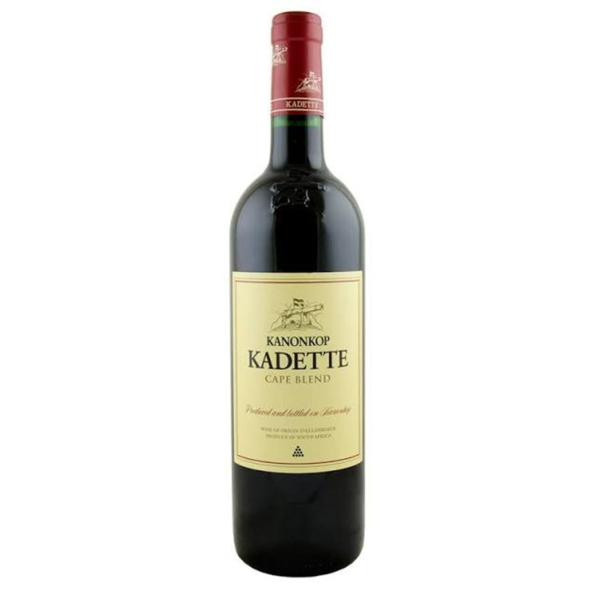 A bottle of KANONKOP ‘ KADETTE CAPE BLEND’ 2023 by WINEBOW, featuring a cream label and red cap, stands upright against a white background.