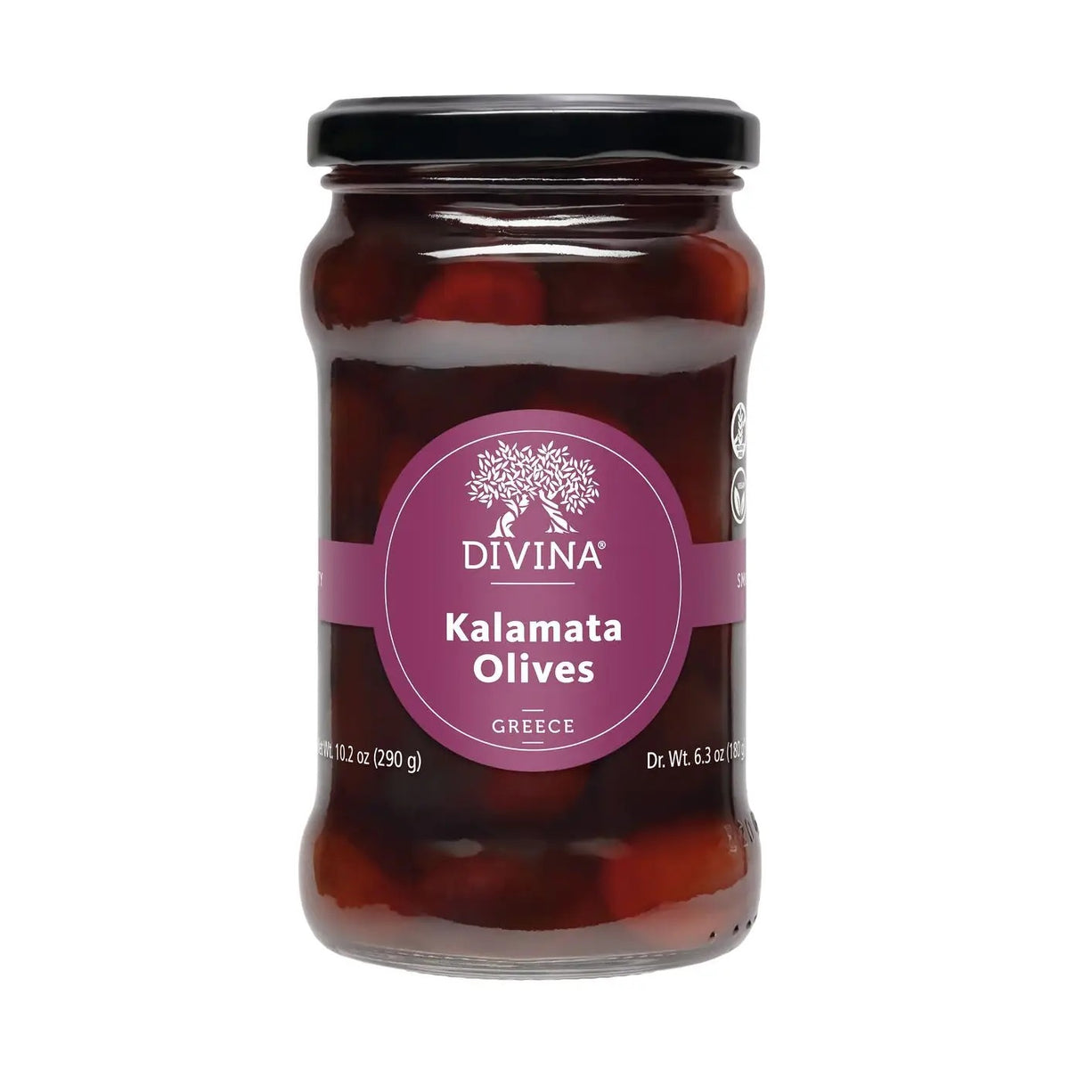 A clear glass jar of DIVINA - KALAMATA OLIVES from Greece, with a purple label and black lid, filled with plump, dark Greek olives.