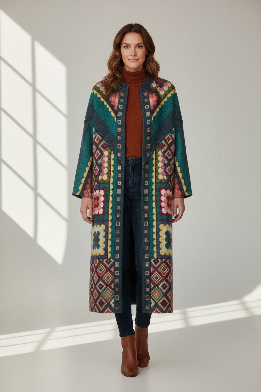 A woman stands indoors wearing the FRANCO FERRARI - REVERSIBLE WOOL COAT, its long, colorful pattern draped over a brown turtleneck, dark jeans, and brown ankle boots. Sunlight streams through a window, casting shadows on the floor and wall.