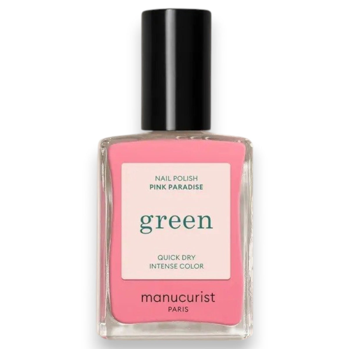 A hand with short, neatly manicured nails painted with MANUCURIST - GREEN™ Nail Polish in Pink Paradise by MANUCURIST INC rests on a cream-colored knitted fabric.