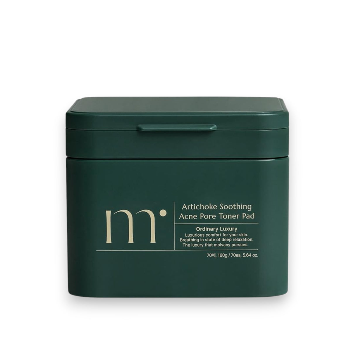 A dark green square container with a lid, labeled &quot;MOLVANY - Artichoke Soothing Affect Pore Toner Pads&quot; by HONG CHEON USA, INC. Tailored for acne-prone skin, this &quot;ordinary luxury&quot; item provides comfortable and luxurious care for sensitive skin.