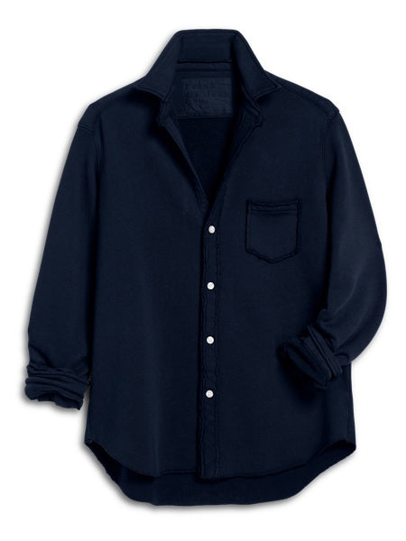 The FRANK &amp; EILEEN EILEEN Sweatshirt Button Up in Tide is a navy relaxed-fit shirt with white buttons, a single chest pocket, and rolled cuffs, shown laid flat on a white background.