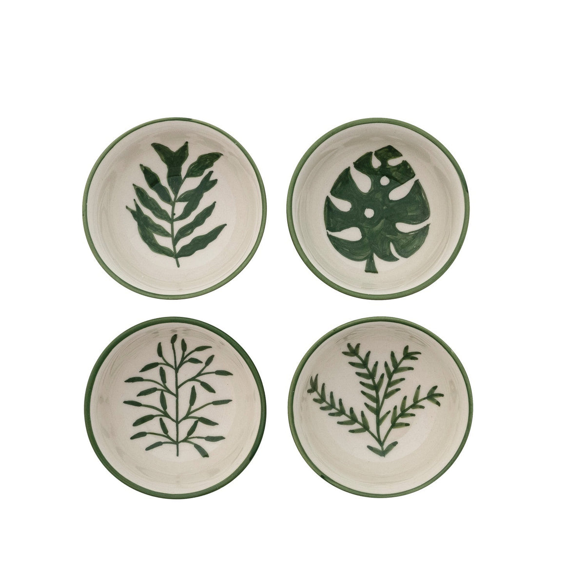 CREATIVE COOP's HAND-PAINTED STONEWARE BOWLS WITH BOTANICAL DESIGN, some holding green peppers or grains, are arranged on a light beige surface—each bowl highlights its unique handcrafted artistry.