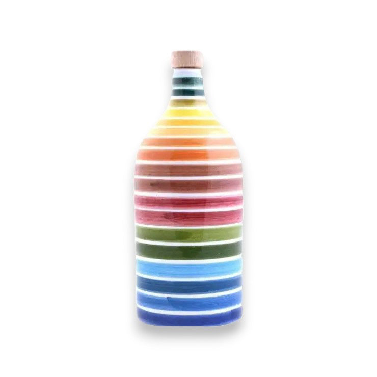 Introducing the MURAGLIA - EXTRA VIRGIN OLIVE OIL RAINBOW by ZIA PIA IMPORTS: a beautifully handcrafted ceramic jar with a cork stopper, featuring horizontal stripes in an array of vibrant colors like yellow, orange, red, green, blue, and pink. This decorative jar is ideal for storing Coratina extra virgin olive oil.