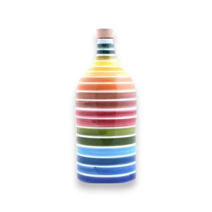 Introducing the MURAGLIA - EXTRA VIRGIN OLIVE OIL RAINBOW by ZIA PIA IMPORTS: a beautifully handcrafted ceramic jar with a cork stopper, featuring horizontal stripes in an array of vibrant colors like yellow, orange, red, green, blue, and pink. This decorative jar is ideal for storing Coratina extra virgin olive oil.