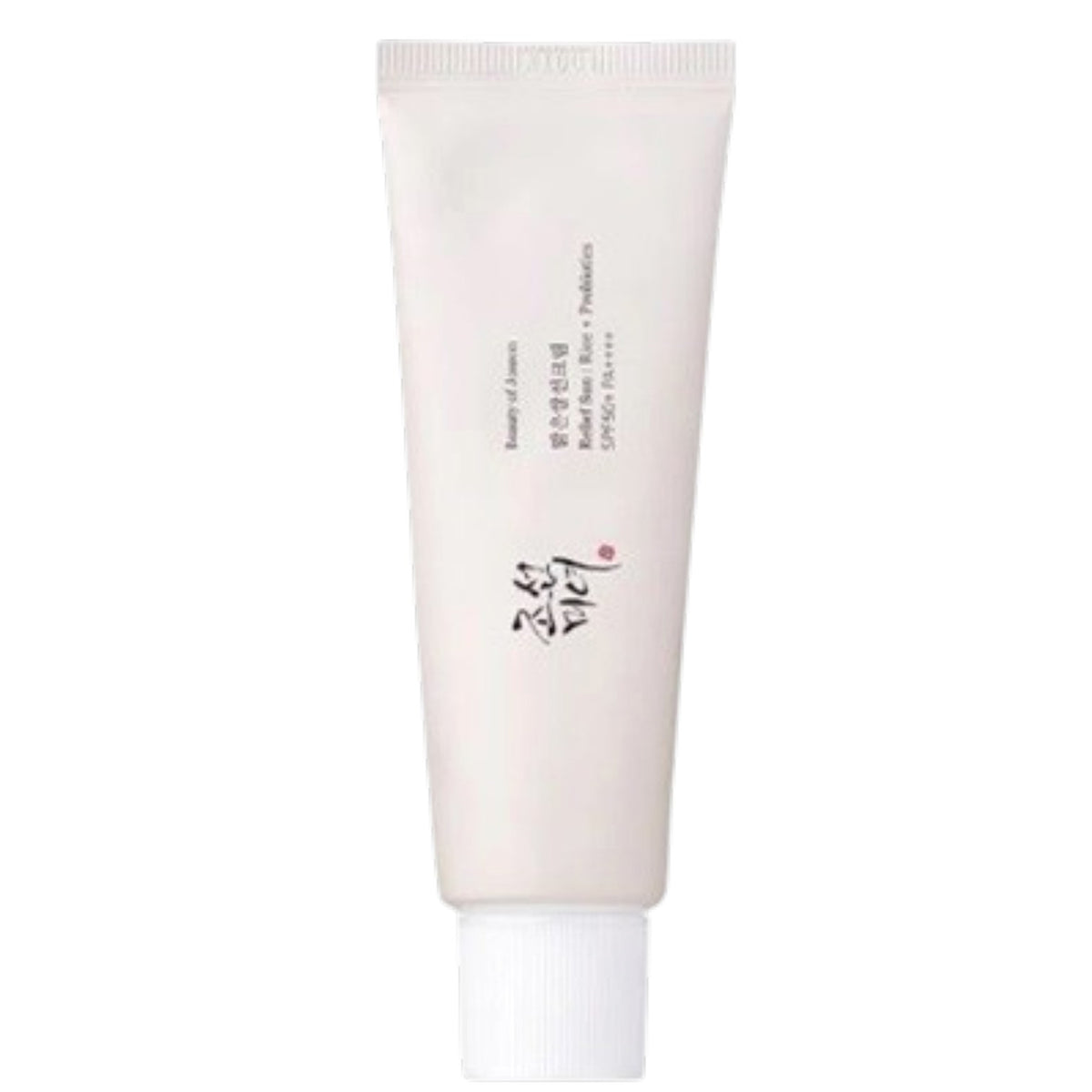 A white plastic tube with a white cap, featuring black and red Korean text on the front. This is the BEAUTY OF JOSEON - RELIEF SUN SUNSCREEN from KOSMIC KBEAUTY SKINCARE—a lightweight SPF50+ sunscreen, possibly formulated with rice extract, making it ideal for daily skincare routines.