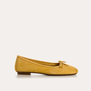 REQINS - HARMONY SUEDE BALLERINA FLATS IN OCHRE: a pair of ochre suede ballet flats with a small bow detail at the toes.