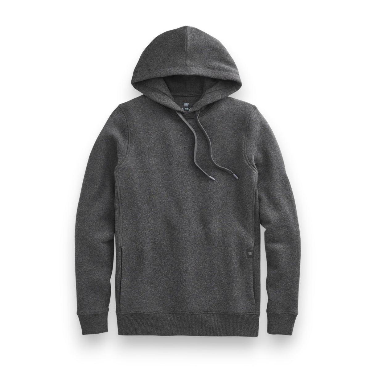 The MACK WELDON - ACE Pullover Hooded Sweatshirt by MACK WELDON is a dark gray cotton hoodie with long sleeves, a front pocket, and hood drawstrings, displayed flat on a white background.
