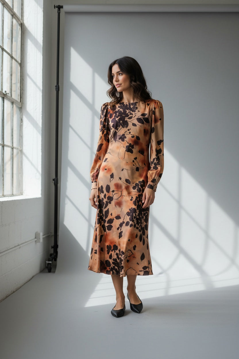 A woman stands with her back to the camera, wearing the MILVA MI - BURNT ORANGE PRINTED DRESS by MILVA—a long-sleeved, viscose midi dress in a rich brown shade accented with an orange and black botanical print—paired with black knee-high boots against a plain light background.