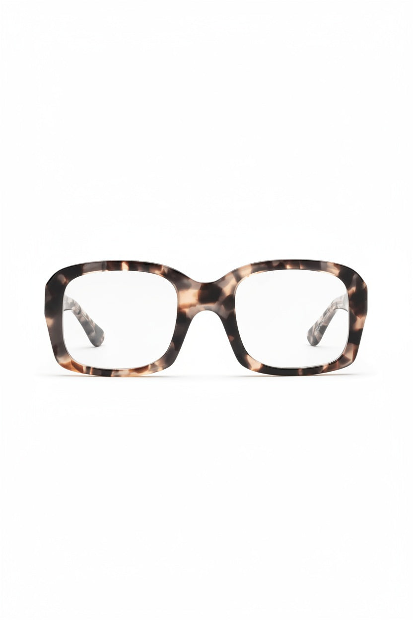 CADDIS - SHELBY PROGRESSIVE READERS by CADDIS are rectangular eyeglasses with oversized frames in a brown and black tortoiseshell pattern, crafted from premium acetate and shown from the front on a white background.