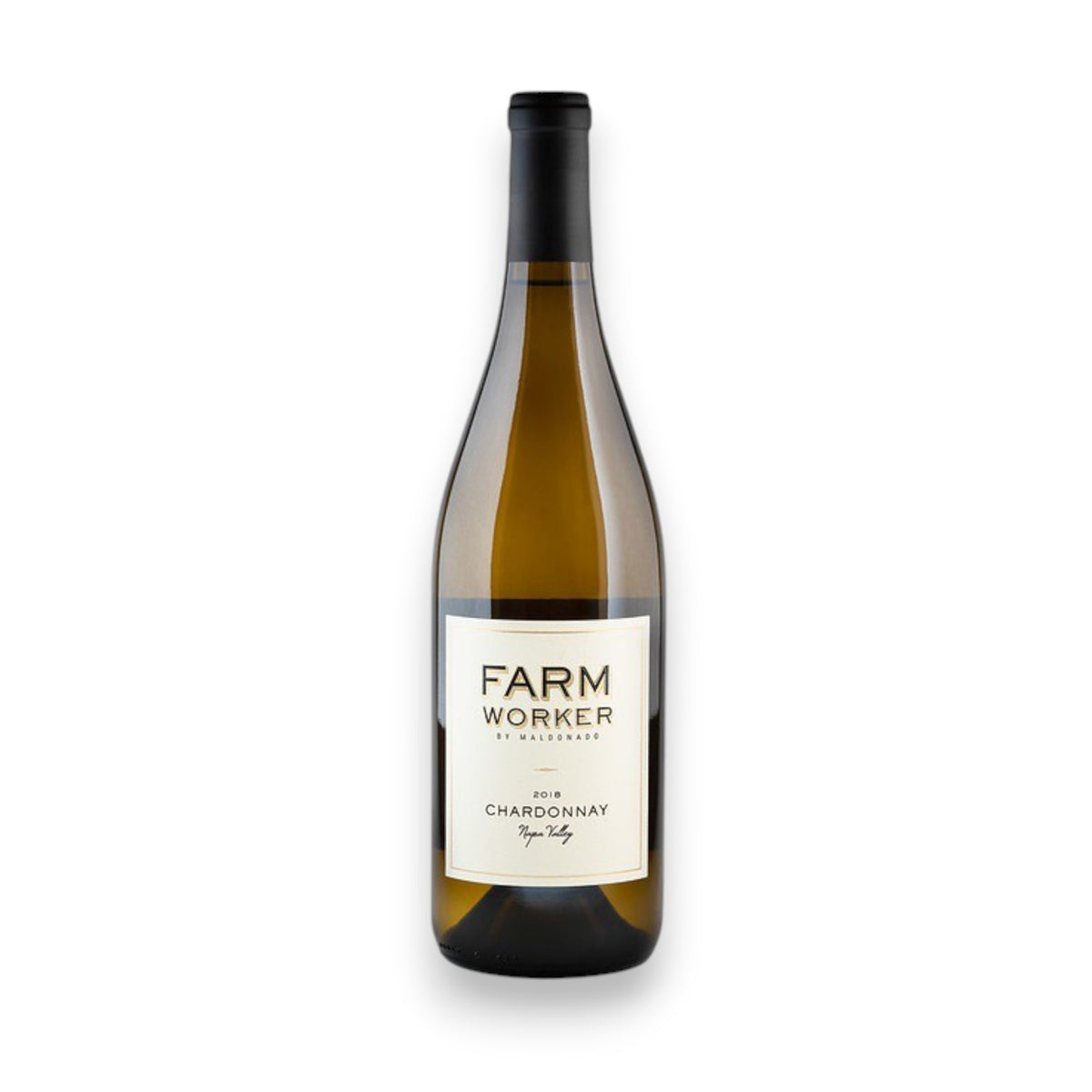 A bottle of Maldonado 'Farmworker' Chardonnay 2019 from Wine: Ocean South Imports, aged in French oak barrels. The label is white with black text and features a black foil neck, against a plain white background.