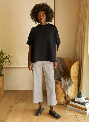 The FRANK & EILEEN Westport Italian Wide Leg Chino in Cement features belt loops, side pockets, and a front zipper, shown laid flat on a white background.