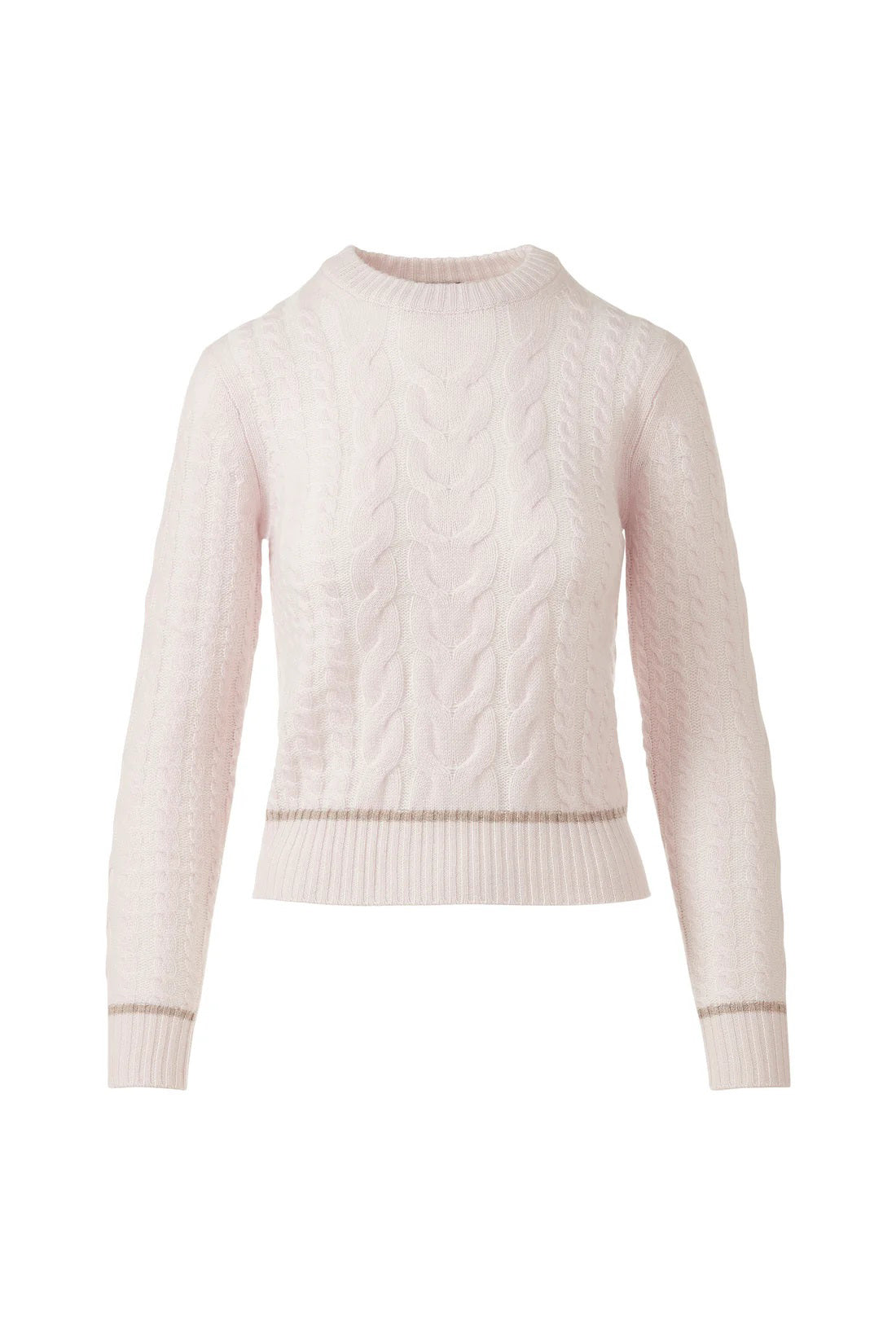 The KINROSS Plaited Tipped Cable Crew Neck Cashmere Sweater features a light pink 100% cashmere cable-knit design with long sleeves and ribbed cuffs and hem, shown on a white background.