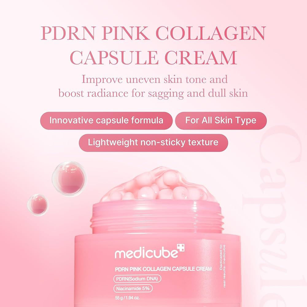 A 55g pink jar of GLOWISS MEDICUBE - SALMON DNA PDRN PINK COLLAGEN CAPSULE CREAM features hydrating round capsules with Salmon DNA PDRN and 5% niacinamide to help improve uneven skin tone.