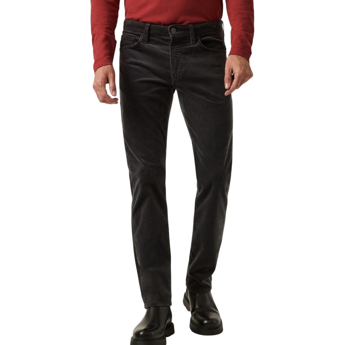 34 HERITAGE - CHARISMA RELAXED STRAIGHT LEG CORDUROY PANTS IN CHARCOAL worn with a red long-sleeve shirt and black leather boots.