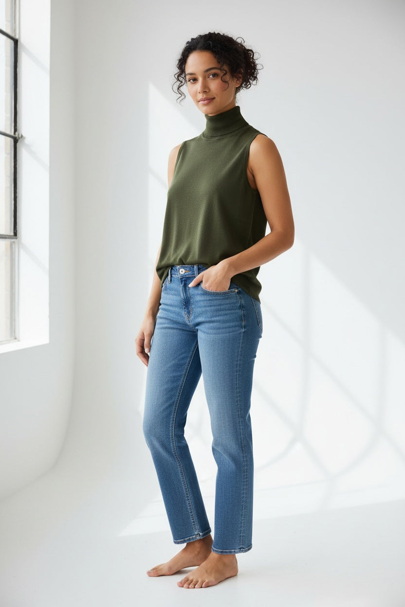 A woman with long blonde hair wears the HINSON WU - ASHLEY Sleeveless Turtleneck Knit Tank in Oregano, crafted from lightweight Verona Knit yarn, paired with blue jeans. She stands against a plain light background with one hand resting on her hip.