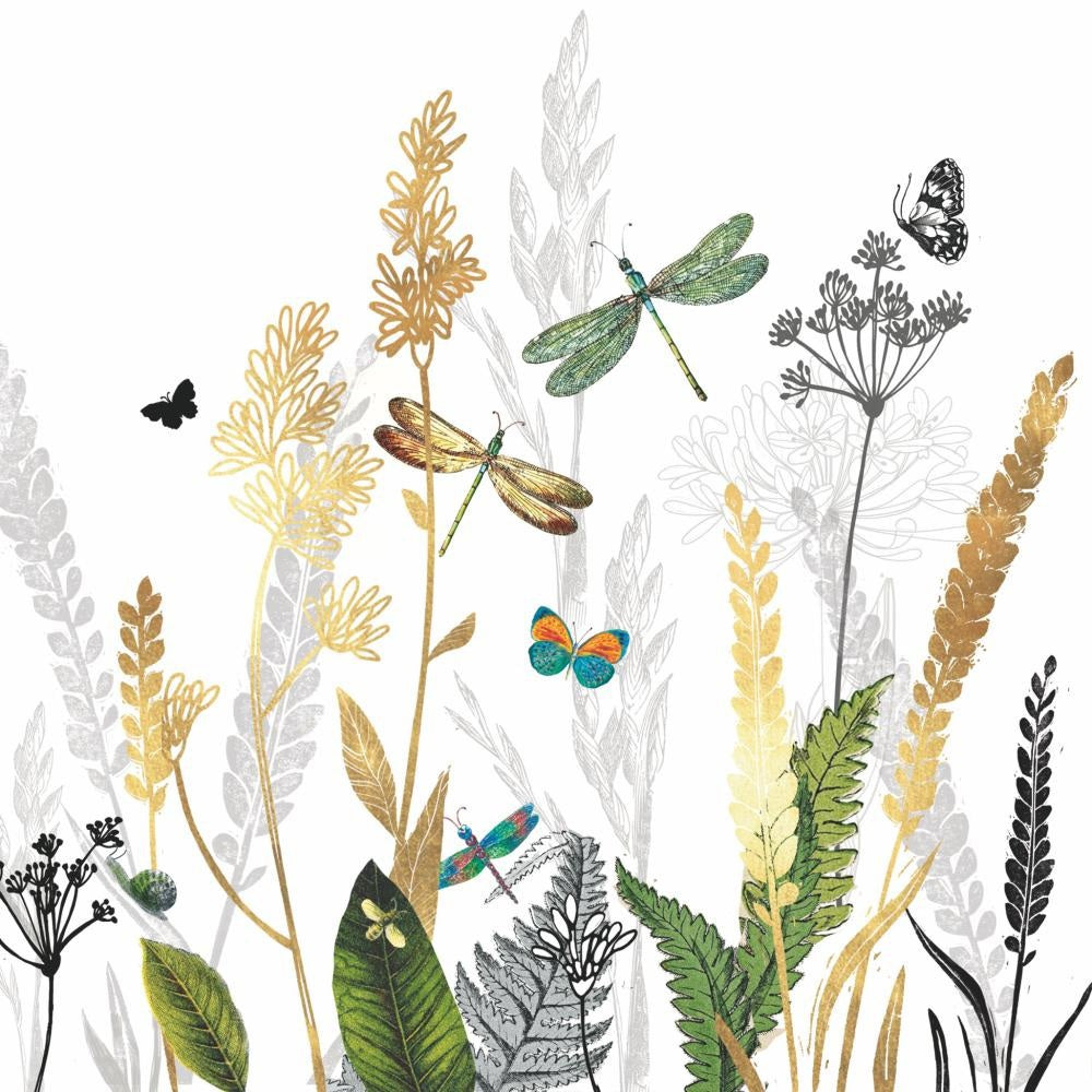 Introducing the ORNAMENTAL FLOWERS BEVERAGE NAPKINS from PAPER PRODUCTS DESIGN, featuring a vibrant illustration of colorful dragonflies, butterflies, and plants in gold, green, and gray tones on a crisp white background. Select plant elements are accented with subtle metallic details. These beautiful napkins are printed on naturally bleached 3-ply paper for an elegant and eco-friendly touch.