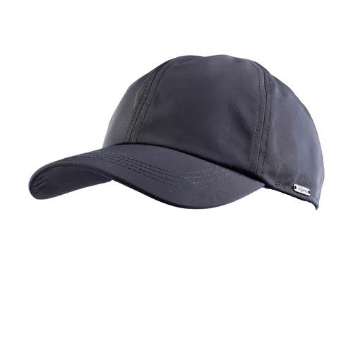 The WIGENS - CLASSIC NYLON BASEBALL CAP WITH FURRUY LINING is a black, water-repellent cap featuring visible stitching on the crown and bill, displayed against a white background.
