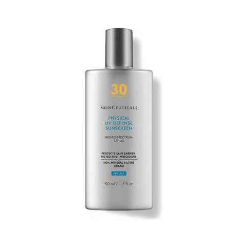A silver bottle of SKINCEUTICALS - PHYSICAL UV DEFENSE SUNSCREEN SPF 30 from SKIN CEUTICALS. The front label mentions &quot;Broad Spectrum UVA/UVB Protection,&quot; &quot;Protects Skin Barrier,&quot; &quot;Tested Post Procedure,&quot; and &quot;100% Mineral Filters.&quot; Ideal for sensitive skin, the 50 ml (1.7 fl oz) bottle ensures complete protection with its 100% physical sunscreen formula.