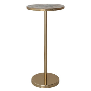 The CREATIVE COOP METAL MARTINI TABLE WITH AGATE TOP features a round surface of polished agate pieces in white, gray, and beige tones with natural patterns, creating a stunning accent for any space. Set against a plain white background.