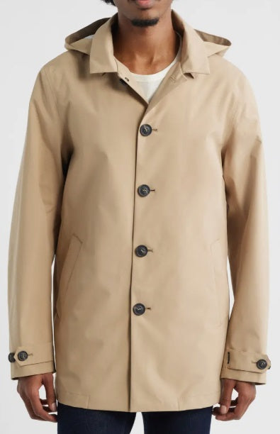 The SAVE THE DUCK BENJAMIN Hooded Raincoat in Stardust Beige for men features black front buttons, slanted side pockets, and adjustable sleeves, displayed flat on a white background.