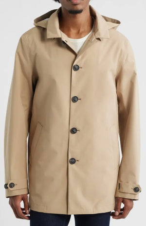 The SAVE THE DUCK BENJAMIN Hooded Raincoat in Stardust Beige for men features black front buttons, slanted side pockets, and adjustable sleeves, displayed flat on a white background.