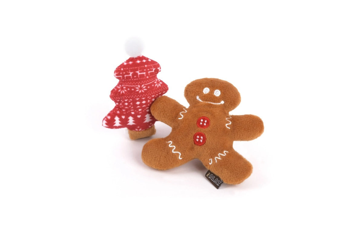A festive, eco-friendly cat toy from PLAY PET LIFESTYLES/BRANDS, the FELINE FRENZY - MEOWY CHRISTMAS features a plush gingerbread man with white icing details and red buttons standing next to a plush red Christmas tree adorned with white patterns and topped with a white pom-pom—perfect for the holiday season.
