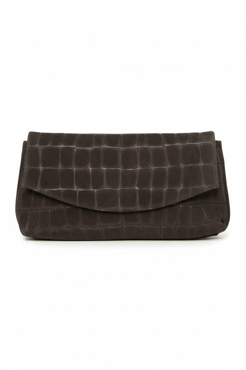 OLIVEVE Valentina Clutch in Truffle Italian croco-embossed suede, featuring a dark brown fold-over design and magnetic snap closure.
