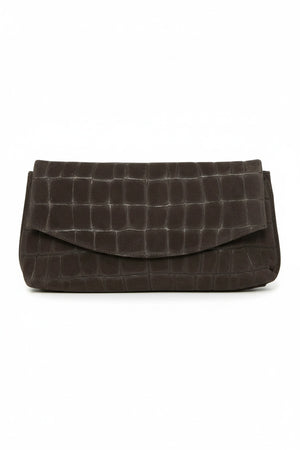 OLIVEVE Valentina Clutch in Truffle Italian croco-embossed suede, featuring a dark brown fold-over design and magnetic snap closure.