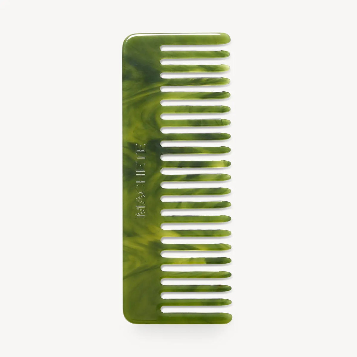 The MACHETE - NO. 2 Comb in Algae is a wide-tooth comb made from glossy green marbled Italian acetate, with rounded edges and the MACHETE logo on the handle. Suitable for all hair types, photographed on a plain white background.
