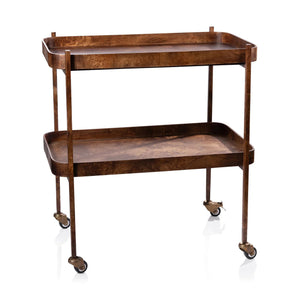 The ZODAX BENETEAU BAR CART IN BURL WOOD VENEER features a top shelf for bottles, glasses, and a tray, plus a lower shelf for books and décor. Set on wheels and positioned by a neutral wall. Available for in-store pickup.