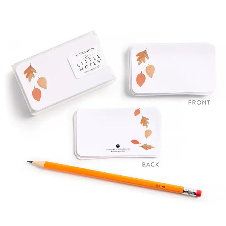 E. FRANCES PAPER&#39;s LITTLE NOTES FALLING LEAVES set features 85 mini notes with three illustrated autumn leaves—perfect for lunch boxes, pocket notes, gift toppers, and place cards.