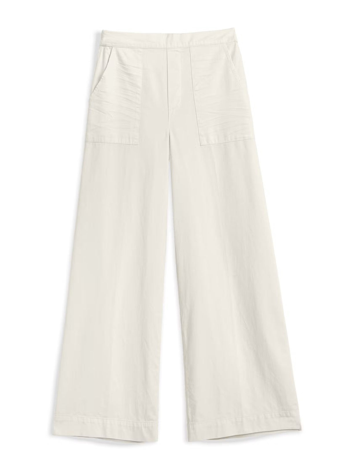 The FRANK & EILEEN MADELINE Patch Pocket Pull On Pant in Famous Denim Vintage White features a wide-leg, high-waisted silhouette with front patch pockets and subtle stitch detailing. Crafted in California by FRANK & EILEEN, these pants are shown laid flat on a white background.