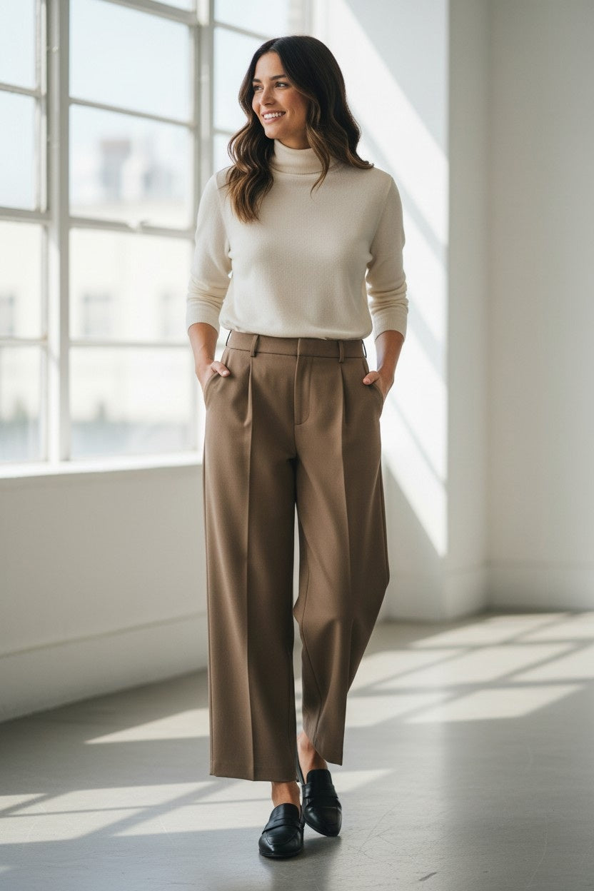 ELEH - TROUSER IN MUD GREY by ELEH: These mud grey, high-rise tailored trousers feature front pleats and a wide-leg silhouette that finishes at the ankle. The trousers are shown against a plain white background.