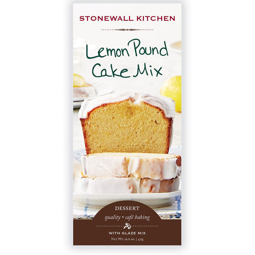 A package of STONEWALL KITCHEN - LEMON POUND CAKE MIX from Stonewall Kitchen showcases a tempting image of a glazed lemon pound cake with a slice cut and standing prominently in front. The packaging emphasizes the dessert&#39;s tangy lemon glaze, making it an ideal treat. The net weight is 16.6 oz (470 grams).