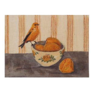 The CREATIVE COOP HAND-PAINTED WALL ART ON WOOD - BIRD ON DISH WITH FRUIT features charming rustic designs of birds with fruit on striped backgrounds, perfect for adding character to your home decor.