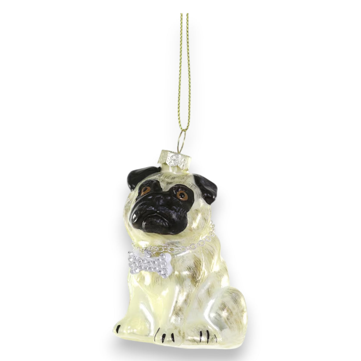 The CODY FOSTER PUG ORNAMENT features a shiny pug dog design with a silver pearl-accented collar and gold string—ideal for collectors or as a unique gift for design lovers.