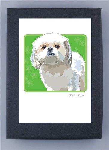 The PAPER RUSSELS - SHIH TZU BOX NOTES by PAPER RUSSELLS features a curious Shih Tzu illustration with a fluffy white coat on a green background, printed on FSC-certified recycled paper, and "Shih Tzu" elegantly inscribed at the artwork's bottom right. Made in the USA.