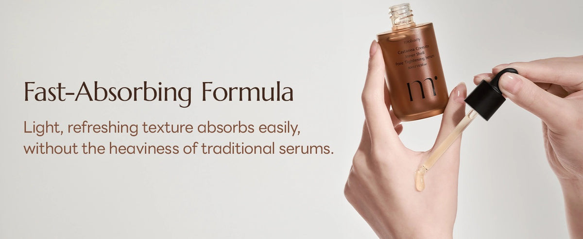 A hand holds a dropper bottle with MOLVANY - CASTANEA CRENATA INNER SHELL PORE TIGHTENING SERUM infused with Korean Yulpi extract. The label reads &quot;Apply Post CIS Essence for Optimal Absorption&quot; and is dedicated to those concerned about pores and skin hydration. Brand: HONG CHEON USA, INC.