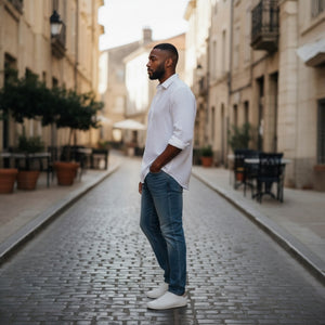The FRANK & EILEEN Finbar Men's Button Up Shirt in White Washed Linen is shown with casually rolled long sleeves and a relaxed, slightly wrinkled look against a plain white background.