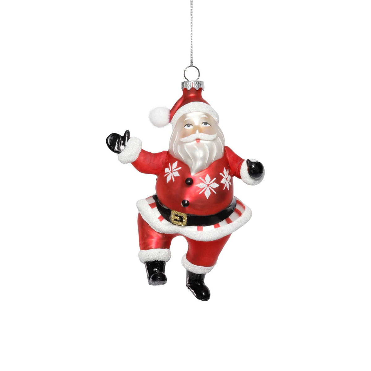The ZODAX DANCING SANTA ORNAMENT features Santa in a red suit with white trim, snowflake patterns, black boots, and a black belt, hanging by a silver string against a white background—perfect for holiday cheer.