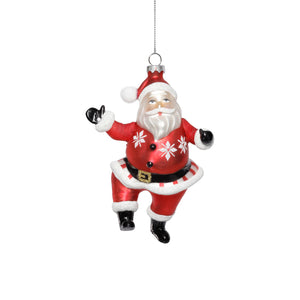 The ZODAX DANCING SANTA ORNAMENT features Santa in a red suit with white trim, snowflake patterns, black boots, and a black belt, hanging by a silver string against a white background—perfect for holiday cheer.