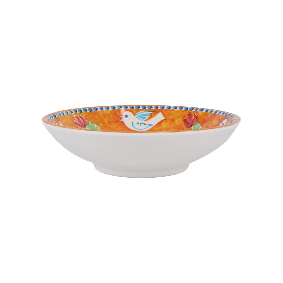 The VIETRI Melamine Campagna Pasta Bowl features a red interior with playful pig and fruit designs, a blue patterned edge, and a durable white melamine build—perfect for outdoor dining.
