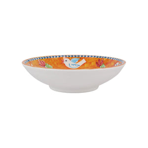 The VIETRI Melamine Campagna Pasta Bowl features a red interior with playful pig and fruit designs, a blue patterned edge, and a durable white melamine build—perfect for outdoor dining.