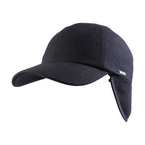 The WIGENS - CLASSIC WOOL BASEBALL CAP by WIGENS is a navy blue winter cap with quilted polyester lining and fold-down earflaps, designed to keep your ears warm and protected in cold weather.