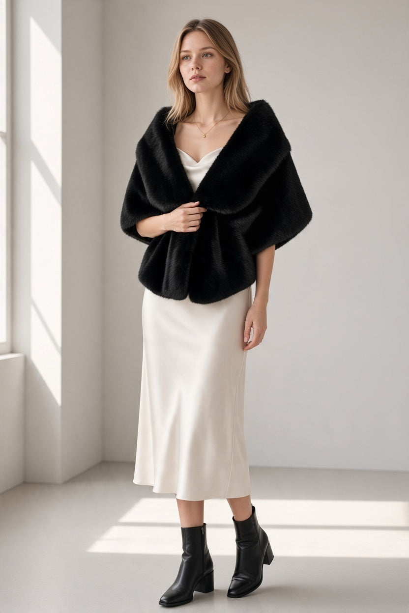 A woman wears an elegant, black GAYNOR BONGARD - PORTLANF FAUX FUR WRAP over a cream-colored midi dress and black ankle boots.