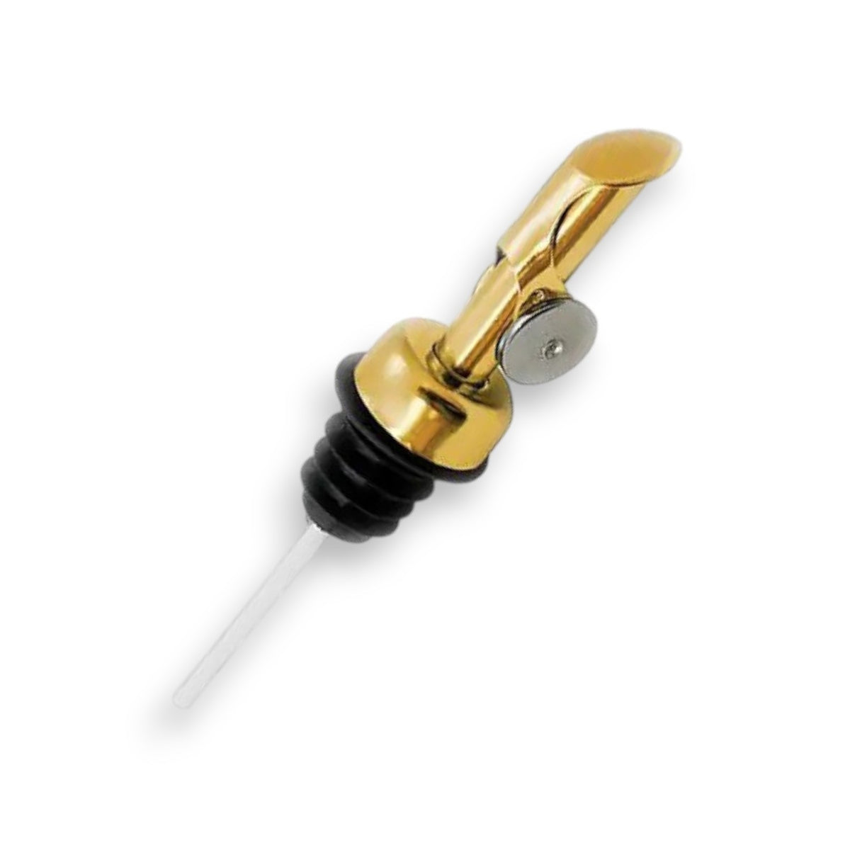The BRIGHTLAND - SPOUT is a gold-colored pourer with a brushed gold spout, flip-top lid, black rubber stopper, and white tube. Ideal for BRIGHTLAND olive oil bottles. Isolated on a white background.