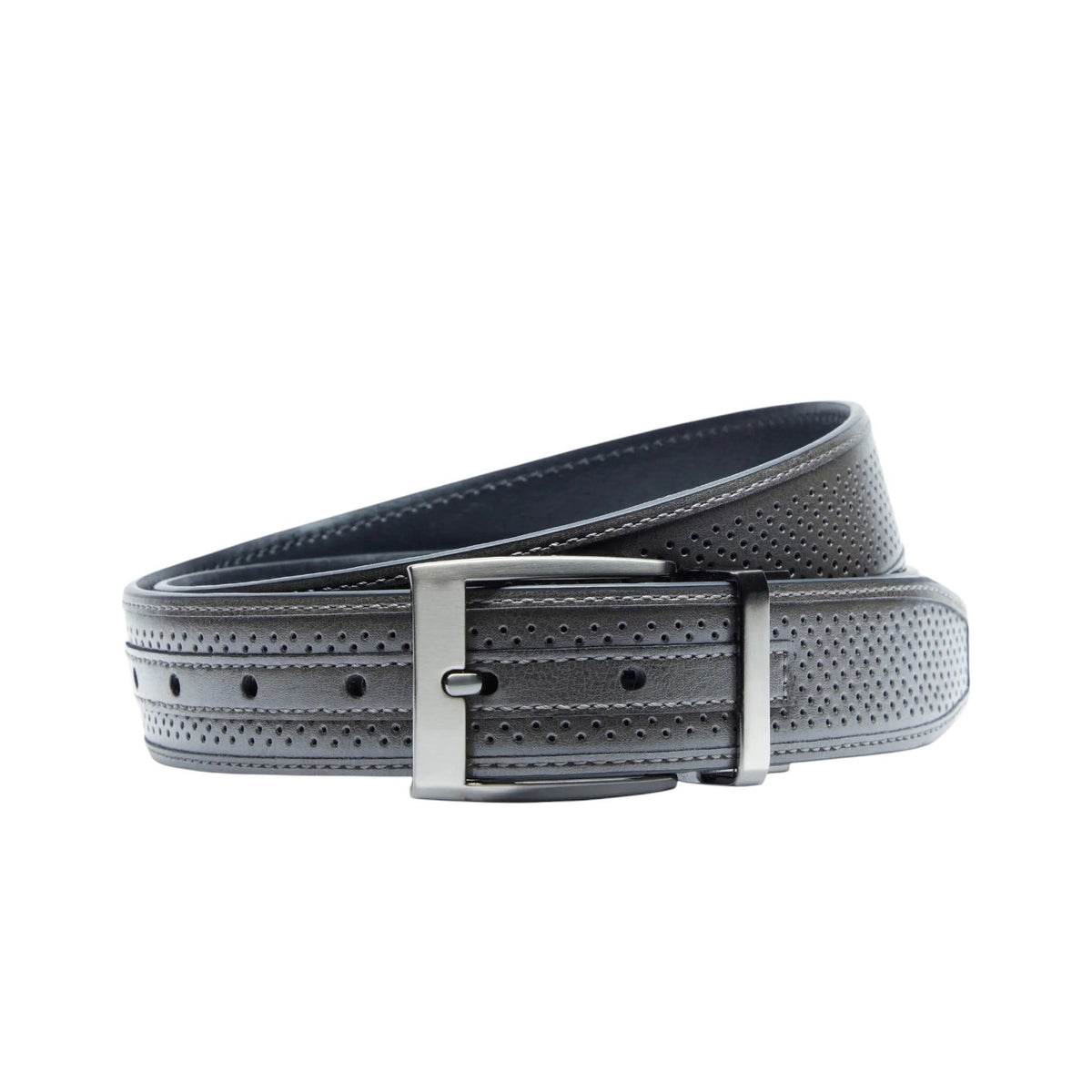 The WILL LEATHER GOODS - NIKE REVERSIBLE TOUR PERFORMANCE GOLF BELT IN GREY AND BLACK, coiled neatly on a white background, features a sleek silver buckle and subtle perforated detailing.