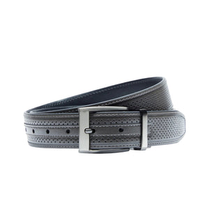 The WILL LEATHER GOODS - NIKE REVERSIBLE TOUR PERFORMANCE GOLF BELT IN GREY AND BLACK, coiled neatly on a white background, features a sleek silver buckle and subtle perforated detailing.