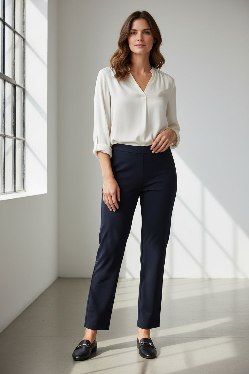 A woman stands indoors by a large window, wearing a long-sleeve cream blouse and the KRAZY LARRY, INC PULL ON WIDE ANKLE PANT in black, which features a tummy tuck design. She completes her look with black loafers and smiles slightly, her wavy brown hair catching the sunlight that casts shadows on the white floor and wall.
